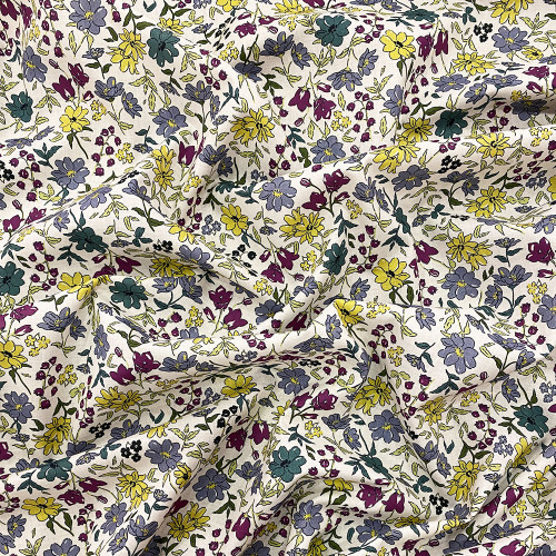 100% cotton poplin fabric with yellow and purple flowers digital print