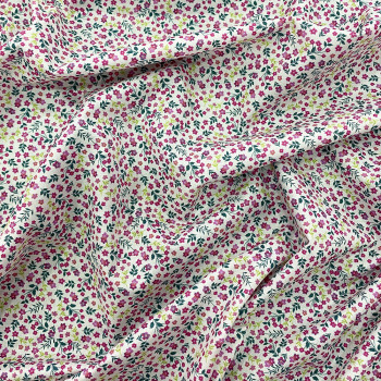 Tissu popeline 100% coton impression numérique petites fleurs fuchsia sur fond blanc