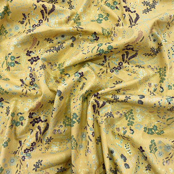 100% organic cotton poplin fabric purple autumn leaves on yellow background