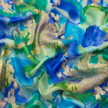 Metallic silk jacquard blue/green floral watercolor on a gold chiffon background