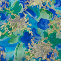 Jacquard de soie métal aquarelle florale bleu/vert sur fond mousseline or Jacquard de soie métal aquarelle florale bleu/vert sur fond mousseline or
