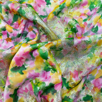 Metallic silk jacquard pink/yellow floral watercolor bouquet on a gold chiffon background