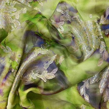 Metallic silk jacquard green/purple tie-dye gradient on a gold chiffon background