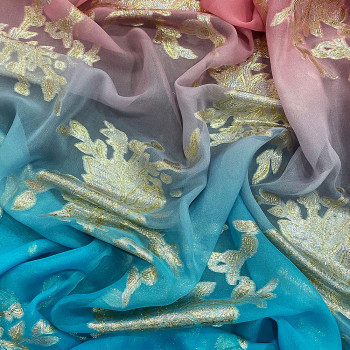 Metallic silk jacquard coral turquoise gradient on a gold chiffon background