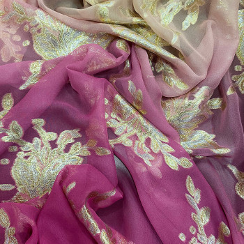 Metallic silk jacquard nude fuchsia gradient on a gold chiffon background