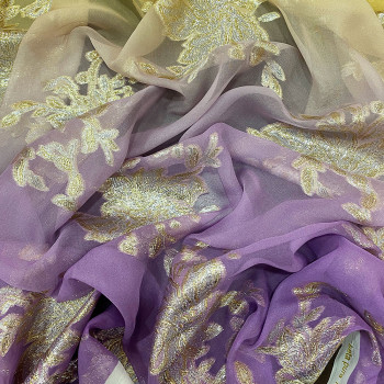 Metallic silk jacquard purple yellow gradient on a gold chiffon background