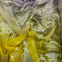 Jacquard de soie métal dégradé violet jaune sur fond mousseline or