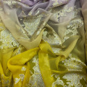 Metallic silk jacquard purple yellow gradient on a gold chiffon background