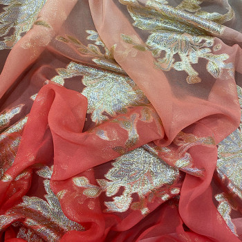 Jacquard de soie métal dégradé orange corail nude sur fond mousseline or