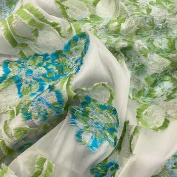 Jacquard de coton et soie fil coupé imprimé floral vert et turquoise