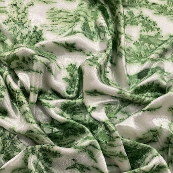 Tissu velours de soie imprimé Jouy vert pastel