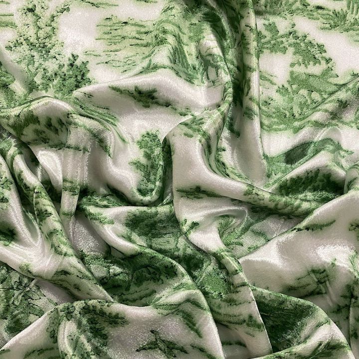 Pastel green Jouy printed silk velvet fabric