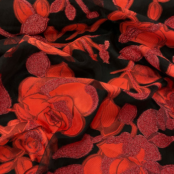 Jacquard de soie fil coupé fleurs orangées sur organza noir