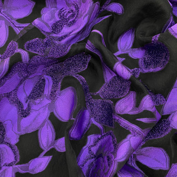 Jacquard de soie fil coupé fleurs violettes sur organza noir