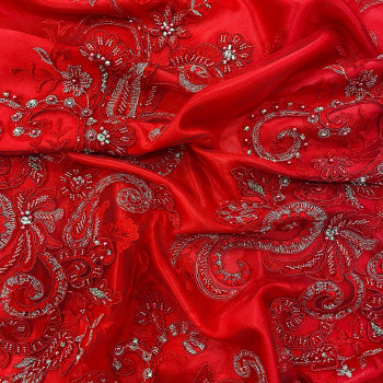 Red paisley beaded embroidered tulle fabric