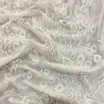 Tissu tulle brodé pailleté tiges florales blanc cassé