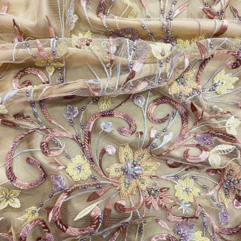 Beaded embroidered tulle fabric with fine copper and yellow floral stems