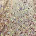 Tissu tulle brodé perlé fines tiges florales cuivre et jaune