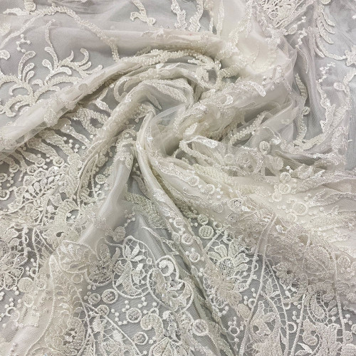Off-white paisley arabesque beaded embroidered tulle fabric