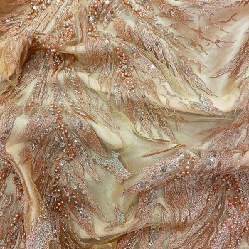 Beaded embroidered tulle fabric with copper flames on a copper background