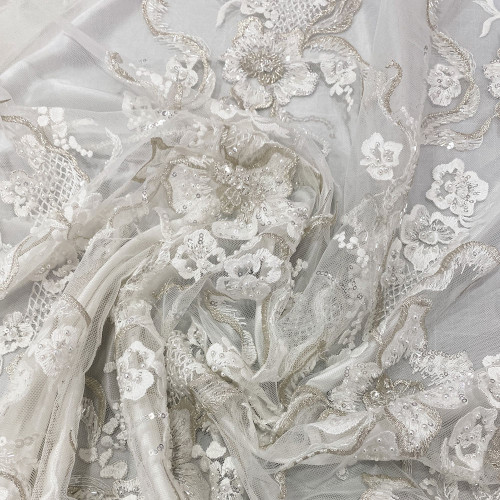 White and silver floral fresco beaded embroidered tulle fabric on an off-white background