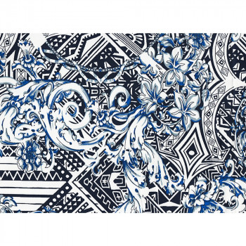 Tissu satin de coton imprimé fleurs géométriques bleu