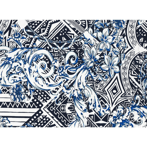 Blue geometric flowers printed cotton satin fabric