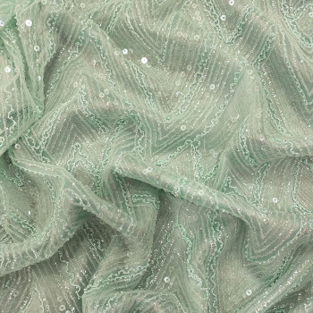 Pastel green diamond beaded embroidered tulle fabric