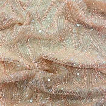 Pink diamond beaded embroidered tulle fabric