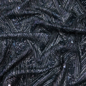 Navy blue tone-on-tone diamond beaded embroidered tulle fabric
