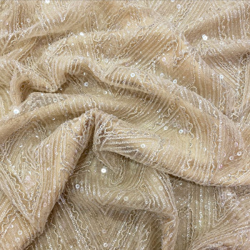 Beige diamond beaded embroidered tulle fabric