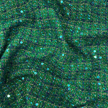 Tissu tissé et irisé vert émeraude avec fils bleus/dorés et paillettes bleues