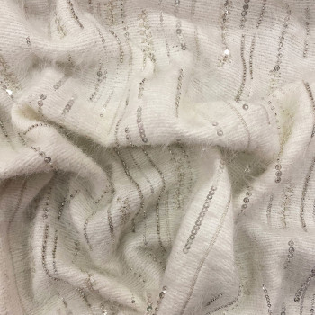 Tissu tissé et pailleté blanc cassé avec paillettes argentées