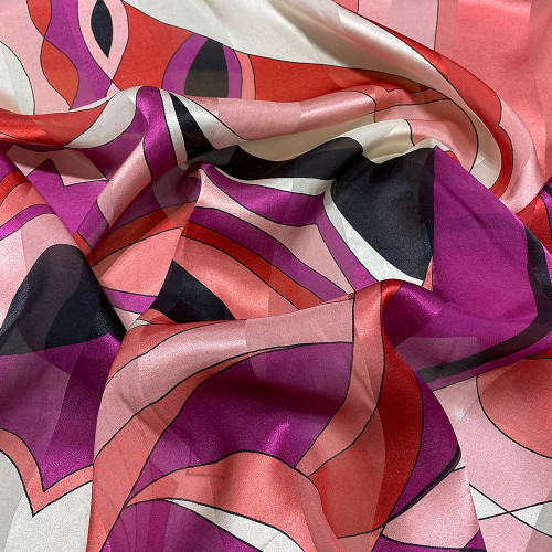 Printed silk chiffon fabric fuchsia and pink geometric with satin bands (2  meters) — Tissus en Ligne