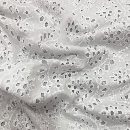 Tissu broderie anglaise 100% coton couronne florale blanc optique