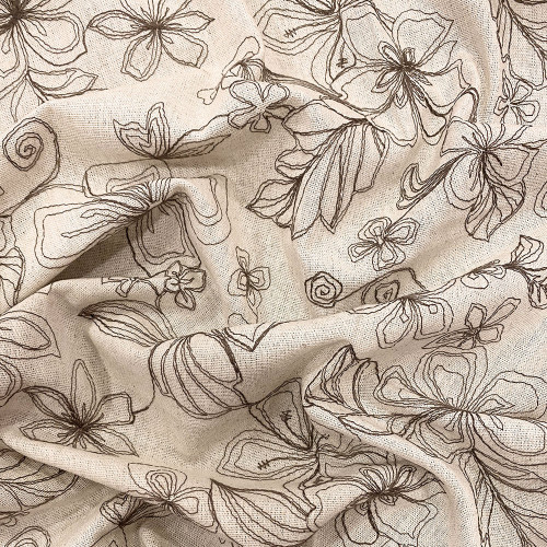 Brown embroidered linen fabric on a sand beige background