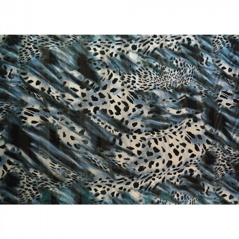 Tissu mousseline de soie imprimé bande satin léopard bleu