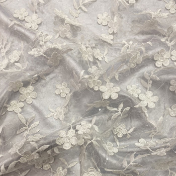 Off-white flower embroidered and sequined tulle fabric