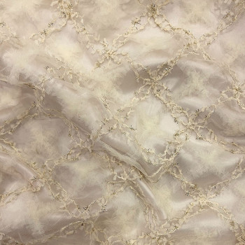 Ivory diagonal checkerboard embroidered tulle fabric on ivory tulle