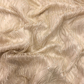 Beige river embroidered and sequined tulle fabric