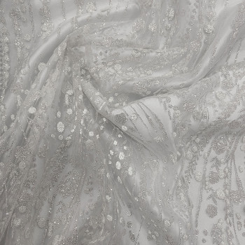 White tulle fabric with projected sequins floral drops