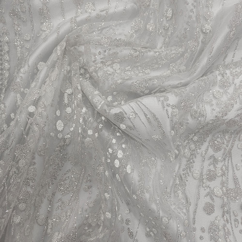 Tissu tulle à paillettes projetées gouttes florales blanc