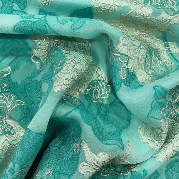 Tissu jacquard de soie floral japonisant bleu turquoise