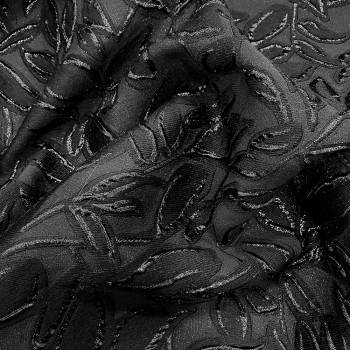 Black abstract leaves cotton and silk brocade fabric
