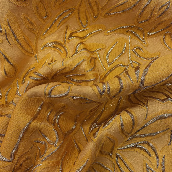 Yellow abstract leaves cotton and silk brocade fabric