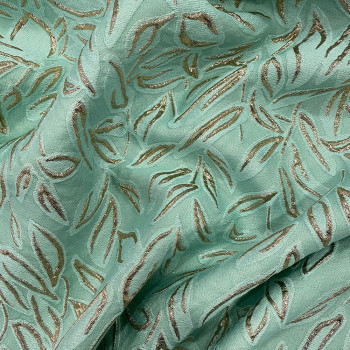 Tissu brocart de coton et soie feuilles abstraites vert Nil