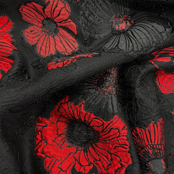 Large red flowers on a black background silk brocade fabric