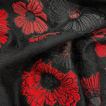 Tissu brocart de soie larges fleurs rouges sur fond noir