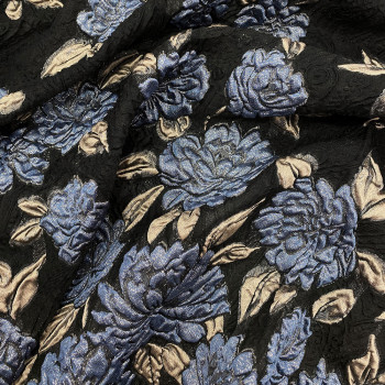 Tissu brocart de soie fleurs bleues sur fond noir