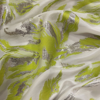 Anise green fil coupé lamé silk jacquard fabric on an ivory background